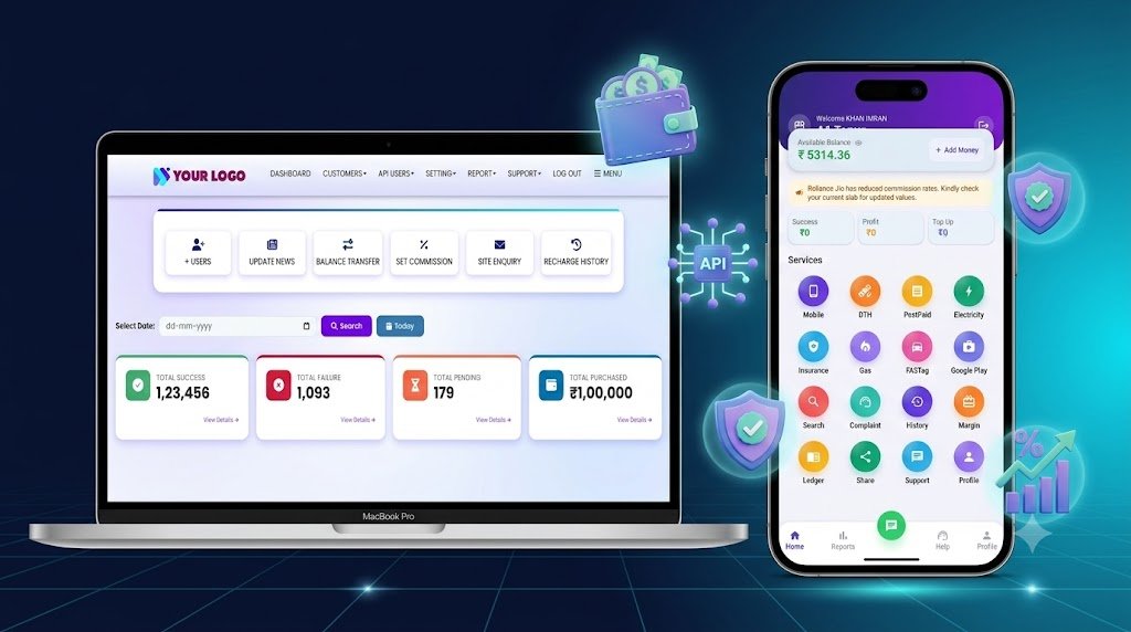 A1Topup recharge software demo: admin panel dashboard on a laptop and the retailer recharge app on a phone