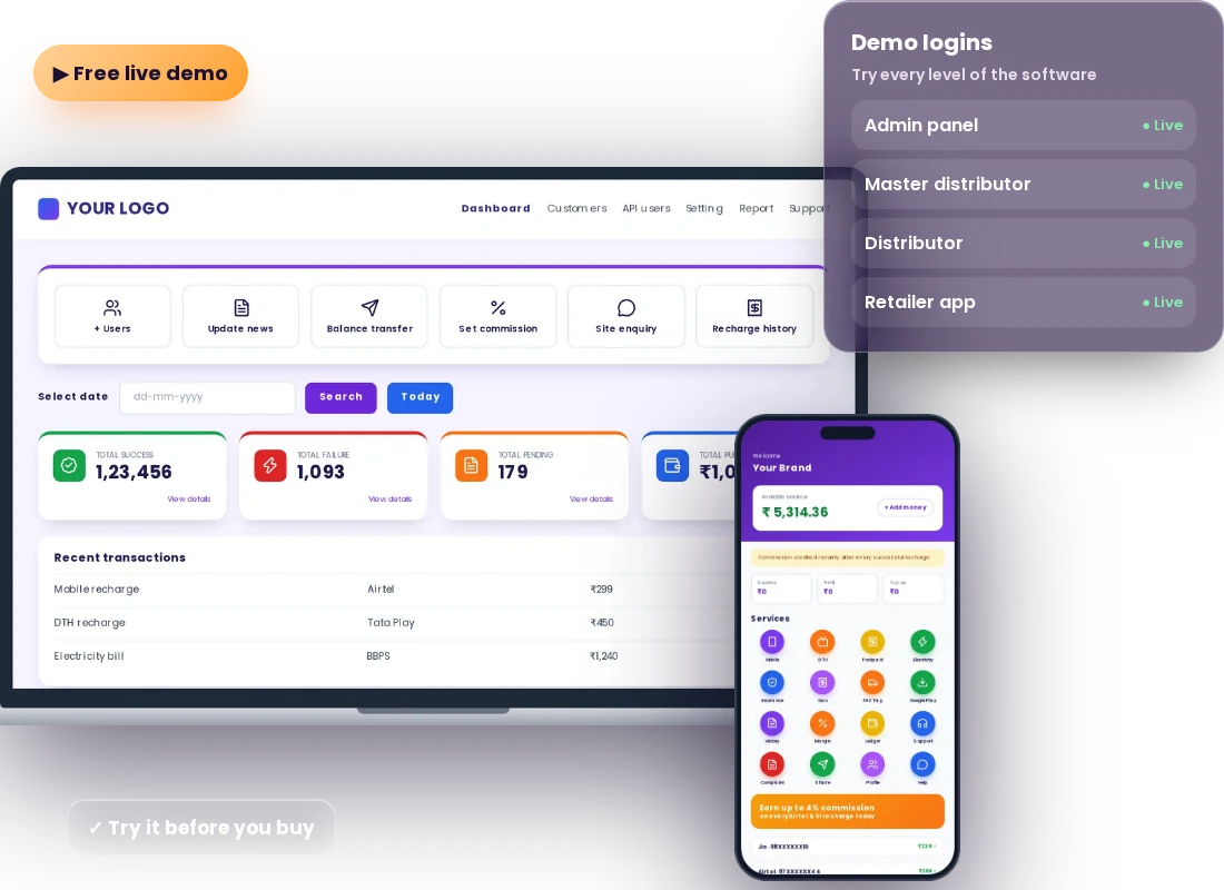 Free live demo of A1Topup recharge software: admin panel on a laptop, retailer app on a phone and demo logins for admin, master distributor, distributor and retailer